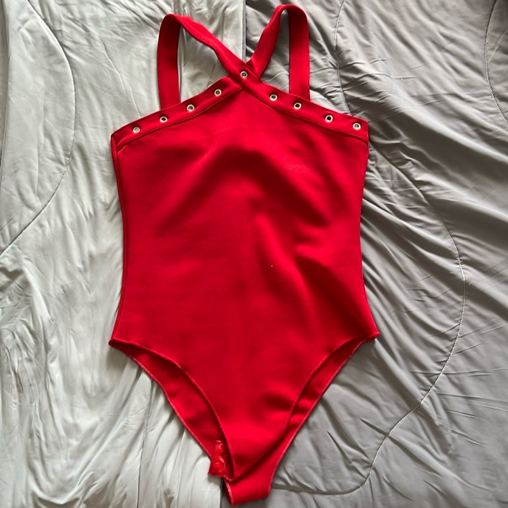 ZARA NWT matching red skirt set with silver detail SZ L bodysuit and skirt